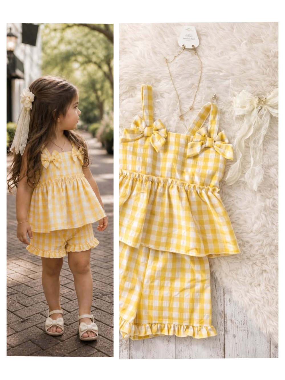 Yellow Gingham & Ruffle Set w/ Matching Bow & Jewelry